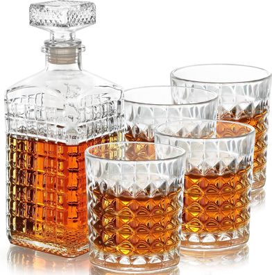 Belle Vous Glas Dekanter Set 5-tlg 500ml Karaffe 4 Gravierten Gläser #Y103-872