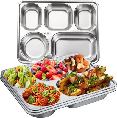 3 x Speiseteller Edelstahl geteilt Snack Servierteller 5 Fächern #Y93-809
