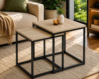 Best For Home Quadratisches Couchtisch-Set aus Eichenholz mit schwarzen Metallbeinen