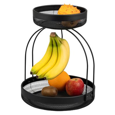 eluno 2-stöckige Obstetagere mit Bananenhalter, Brotkorb aus schwarzem Metall