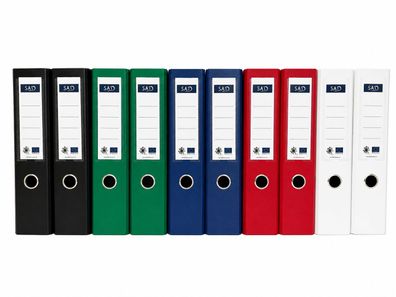 SAD 10er Pack PP Kunststoffordner 7,5cm DIN-A4 Ordner breit MIX Schwarz, Weiß, Rot, G