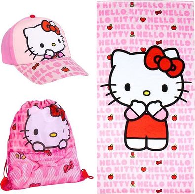 Hello Kitty -, Sportbeutel- und Baseballcap-Set Badetuch-Set für Kinder aus