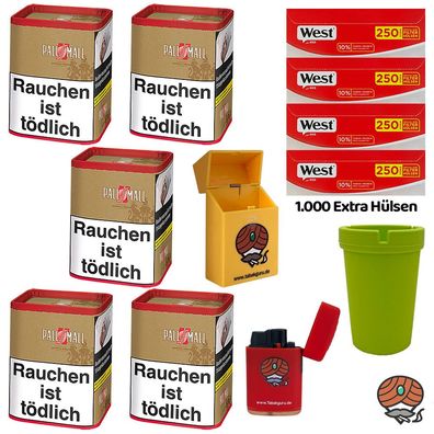 Pall Mall Authentic Red/Rot Tabak XXL Dose 5x 71g, West Extra Hülsen, Zubehör