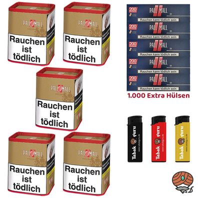 Pall Mall Authentic Red/Rot Tabak XXL Dose 5x 71g, Xtra Hülsen, Feuerzeuge