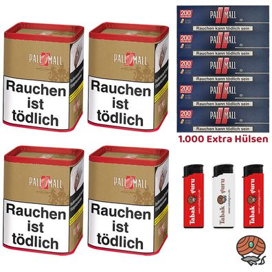 Pall Mall Authentic Red/Rot Tabak XXL Dose 4x 71g, Red Xtra Hülsen, Feuerzeuge