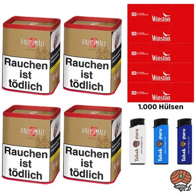 Pall Mall Authentic Red/Rot Tabak XXL Dose 4x 71g, Winston Hülsen, Feuerzeuge