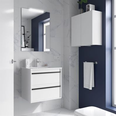 Komplett-Set ATTILA 800 2 Schubladen WHITE SATIN + Waschtisch + Spiegel + Leuchte