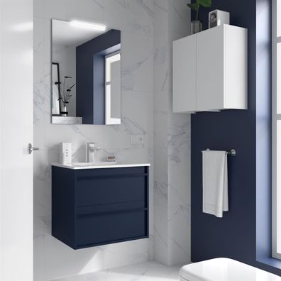 Komplett-Set ATTILA 600 2 Schubladen BLUE SATIN + Waschtisch + Spiegel + Leuchte
