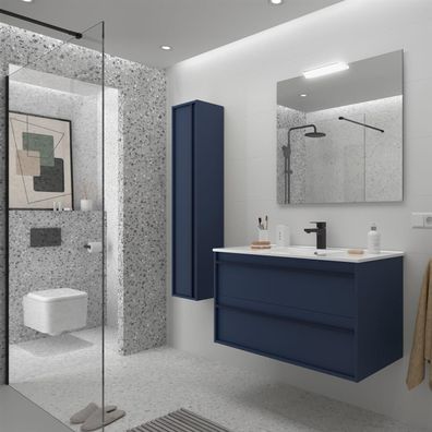 Komplett-Set ATTILA 1000 2 Schubladen BLUE SATIN + Waschtisch + Spiegel + Leuchte