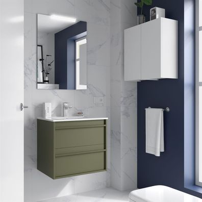 Komplett-Set ATTILA 800 2 Schubladen GREEN SATIN + Waschtisch + Spiegel + Leuchte