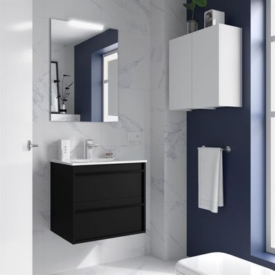 Komplett-Set ATTILA 600 2 Schubladen BLACK SATIN + Waschtisch + Spiegel + Leuchte