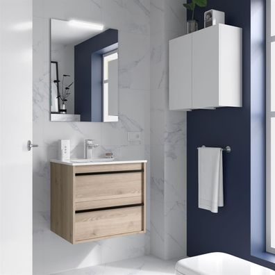 Ensemble complet ATTILA 700 2 tiroirs Natural + meuble-lavabo + miroir + éclairage