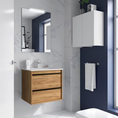 Ensemble complet ATTILA 700 2 tiroirs CHÊNE Dafrique + meuble-lavabo + miroir + éclai