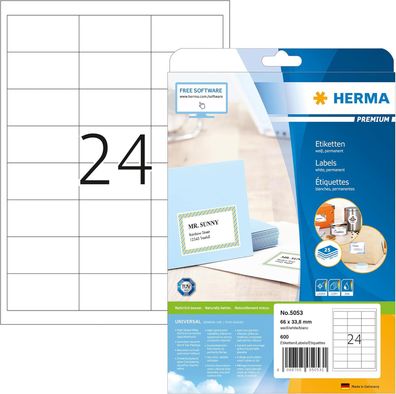 HERMA 5053 Adressetiketten, 25 Blatt, 66 x 33,8 mm, 24 pro A4 Bogen, 600 Stück, selbs