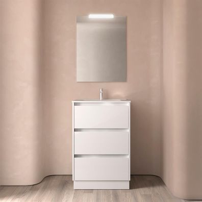BALTIC Komplett-Set 600 3 Schubladen WHITE SATIN + Waschtisch + Spiegel + Leuchte