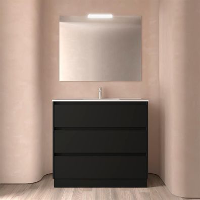 BALTIC Komplett-Set 1000 3 Schubladen BLACK SATIN + Waschtisch + Spiegel + Leucht