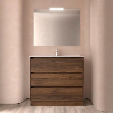 BALTIC Komplett-Set 1000 3 Schubladen Nussbaum MAYA + Waschtisch + Spiegel + Leuchte