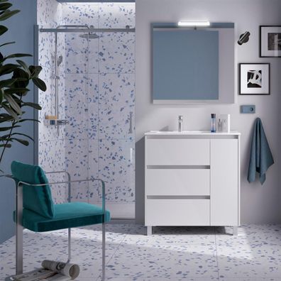 BALTIC Komplett-Set 850 3 Schubladen und 1 rechte Tür WHITE Satin + Waschtisch + Spie