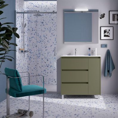 BALTIC Komplett-Set 850 3 Schubladen und 1 rechte Tür Green Satin + Waschtisch + Spie