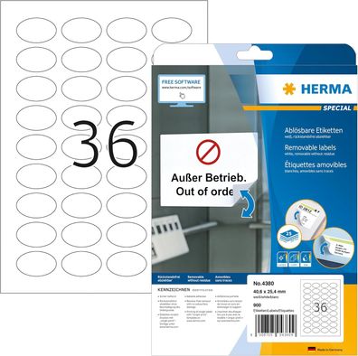 HERMA 4380 Universal Etiketten ablösbar oval, 25 Blatt, 40,6 x 25,4 mm, 36 pro A4 Bog