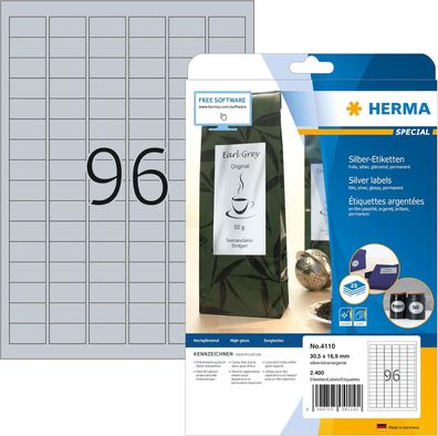 HERMA 4110 Wetterfeste Folienetiketten silber, 25 Blatt, 30,5 x 16,9 mm, 96 pro A4 Bo
