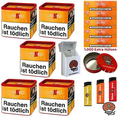 Pall Mall Allround Volumentabak Dose 5x 38g, Xtra Hülsen, Feuerzeuge