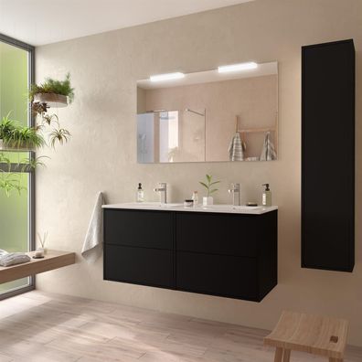 Komplett-Set Optimus 1200 BLACK SATIN + Waschtisch + Spiegel + Leuchte
