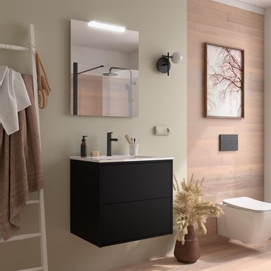 Komplett-Set Optimus 600 BLACK SATIN + Waschtisch + Spiegel + Leuchte