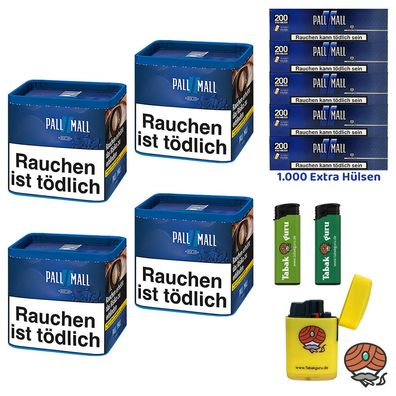 Pall Mall Blue/Blau Tabak Dose 4x 38g, 1000 Xtra Hülsen, 3 Feuerzeuge
