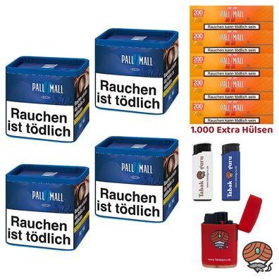 Pall Mall Blue/Blau Tabak Dose 4x 38g, Allround Xtra Hülsen, Feuerzeuge
