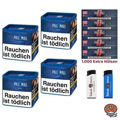 Pall Mall Blue/Blau Tabak Dose 4x 38g, Pall Mall Red Xtra Hülsen, Feuerzeuge