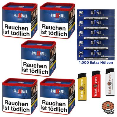 Pall Mall Red Volumentabak Dose 5x 38g, 1000 Blue Xtra Hülsen, Feuerzeuge