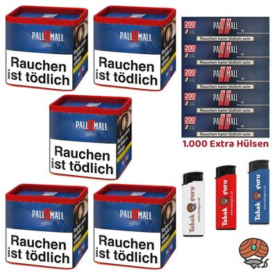 Pall Mall Red Volumentabak Dose 5x 38g, 1000 Red Xtra Hülsen, Feuerzeuge