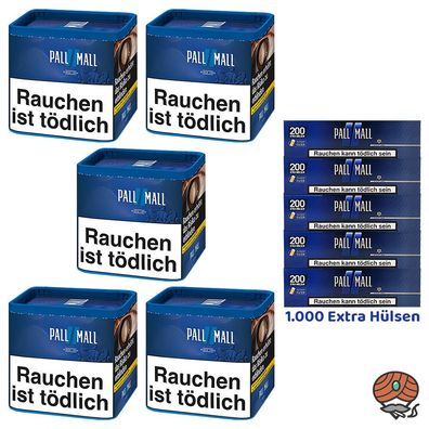 Pall Mall Blue/Blau Volumentabak Dose 5x 38g + 1000 Blue Xtra Hülsen