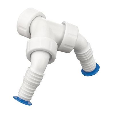 PP Doppel-Schlauchverschraubung 45°, 3/4" und 1", weiss mit zwei Stopfen