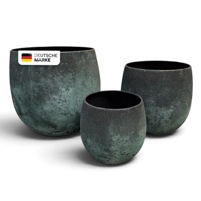 Pflanztöpfe Metall 3er-Set in Grün-Grau mit strukturierter Patina