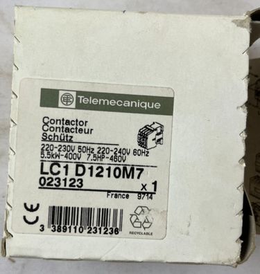 Telemecanique LC1D1210M7 Contactor 25A 5.5kW 3-Pole 220-240V AC Coil New