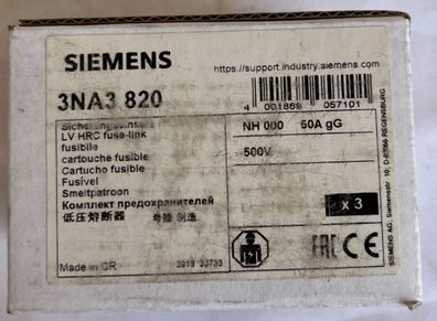 Siemens 3NA3 820 NH000 Fuse Link 50A gG 500V New 3 Pcs