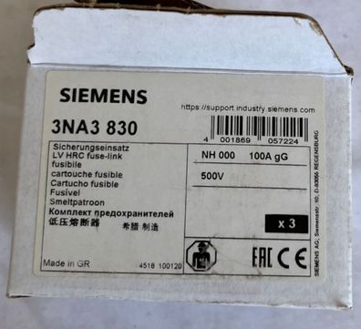 Siemens 3NA3 830 NH000 Fuse Link 100A gG 500V New 3 Pcs