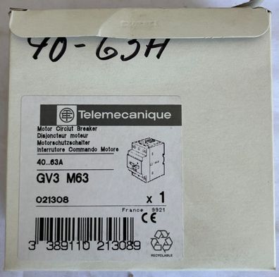 Telemecanique GV3 M63 Motor Circuit Breaker 40-63A New