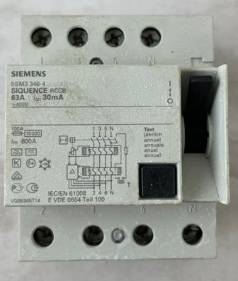 Siemens 5SM3346-4 RCCB Residual Current Circuit Breaker 63A 30mA 4 Pole Used