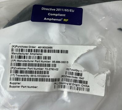 Amphenol RF 95-686-33015 Coaxial Cable Assembly New RoHS Compliant