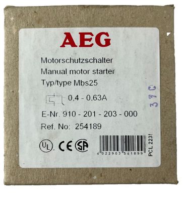 AEG Mbs25 Manual Motor Starter 0.4-0.63A 3?Pole Motor Protection Switch New