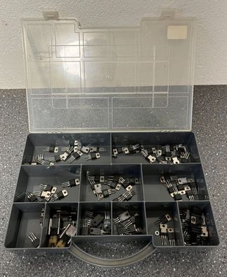 Lot of TO-220 Power Transistors, MOSFETs & Voltage Regulators in Organizer Case