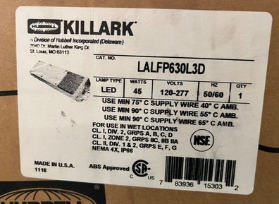 Killark LALFP630L3D 45W LED Hazardous Location Luminaire, 120-277V, IP66 NEW