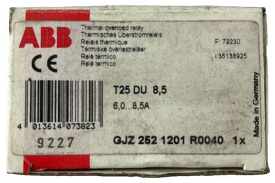 ABB T25 DU 8.5 Thermal Overload Relay 6.0-8.5A Class 10A New