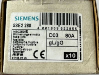 Siemens 5SE2 280 Neozed Fuse Link D03 80A gL gG Box Of 10 New