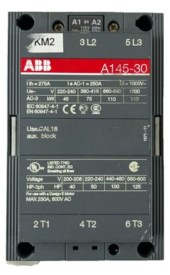 ABB A145-30 Power Contactor 3-Pole 250A AC-1 110-120V Coil With A145 Base Used
