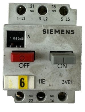 Siemens 3VE1010-2F Motor Protection Circuit Breaker 0.63-1A 3?Pole Used
