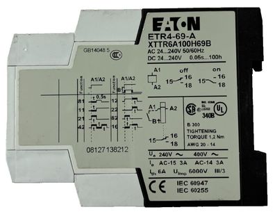 Eaton ETR4-69-A Multifunction Timer Relay 24-240V AC/DC 0.05s-100h New
